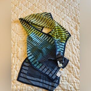 Talbots‎ 100% Silk Scarf 64x12” Blue & Green Geometric Pattern NWT